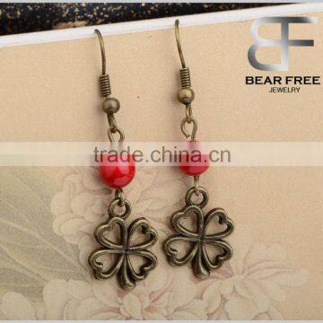 Vintage Brass Red Stone Four Leaf Petal Clover Flower Drop Earrings for Women