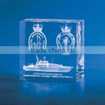 3d sailing boat laser engraved crystal cube block ship crystal engraved gift for office decoration