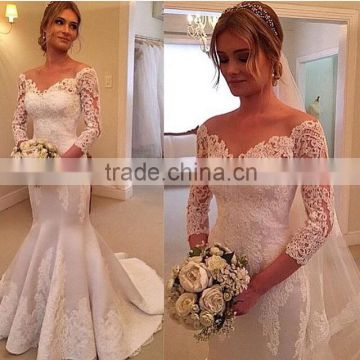 (MY2607) MARRY YOU China Custom Made Bridal Gown V-neck 3/4 long Sleeves Lace Wedding Dress Mermaid Cut 2015                        
                                                Quality Choice