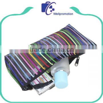 Custom women zipper stripe mesh cosmetic bag for girls