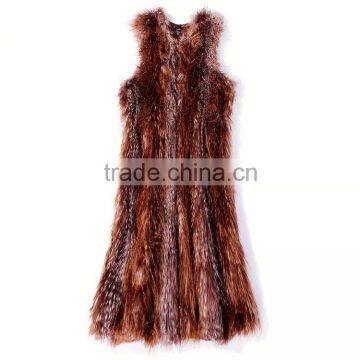 2016/2017 New Style Women Dark Brown Knitted Rabbit Fur Long Vest With Sleeveless