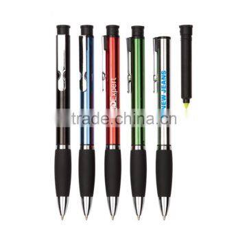 Custom Logo Plastic ball Pen With Highlighter Hot Selling 2 in 1 promotional pen