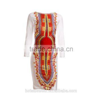 2016 National Pattern Printed Long Sleeve Midi Dresses Buttom Slit Long Dresses SMR