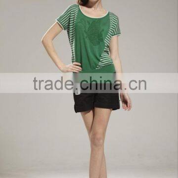 Ladies' Crew Neck Short Sleeve Dolman Pullover Stripes Knitted Sweater With Embroidery