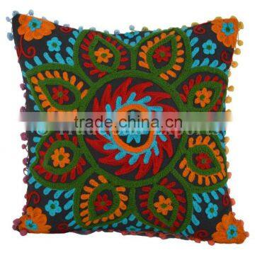 Suzani Embroidered Cushion Cover Indian Pom Pom Lace Pillows Boho Ethnic Cushions Shams