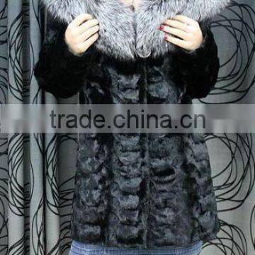 Fashion genuine mink fur coat with fox fur hood for women MC12