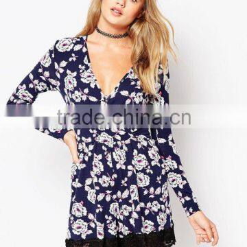 2015 fashionable hot sale OEM customized Wrap Romper with Lace Hem in New Floral Print