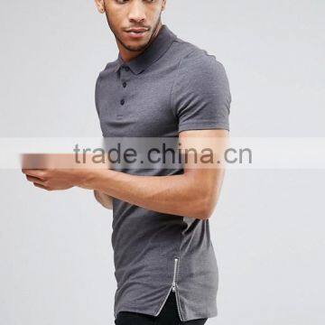 Custom Short Sleeve Button Placket Longline Side Hem Zip Dark Grey Men's 97% Polyester 3%Spandex 200g Casual Slim Fit Polo Shirt