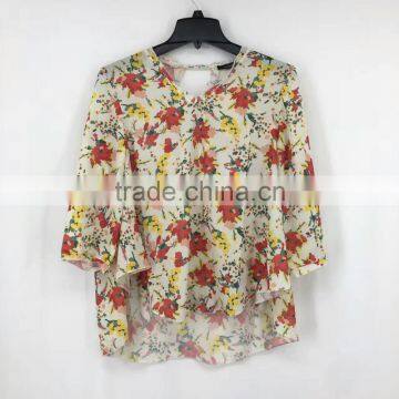 China supplier clearance stock lots women flower print chiffon blouse