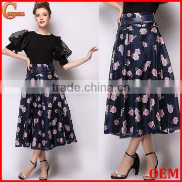 100% Polyester Sweet Floral Midi A-Line Bubble Skirt