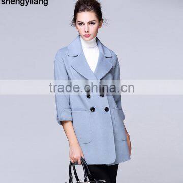 Ladies 3/4 Sleeves Double-breasted Wool Thin Fabric Coat photo-2