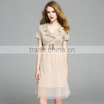 2017 Summer for Women Summer Lapel Stitching Grenadine Elegant Short Sleeve Slim Dress With Belt photo-4