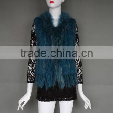 Genuine Fur Vest 100% Real Rabbit Fur Knitted gilet with raccoon fur collar for Women Winter Fashion