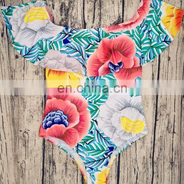 New Floral Print off Shoulder Swimwear Suit Women One Piece Bikini Swimsuit 2017 Sexy Swimwear Monokini Beach Wear