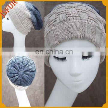 Unique latest design unisex bi-color wool knit hat removable raccoon fur pom poms