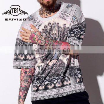 2016 Baiyimo wholesale china factory Europe Street paintings peacock printing short sleeved longline T-shirt men