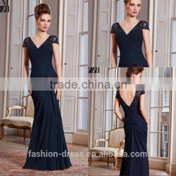 New Arrival Elegant Low V-back Pleated Chiffon Beaded Cap Sleeve Evening Dress 2014