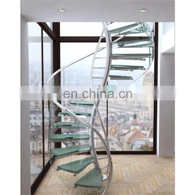 Factory direct indoor modern design laminated glass tread spiral stairs