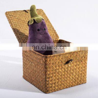 HBK Three Piece Set With Lid Square Handmade Natural Seagrass Storage Box for Sundries
