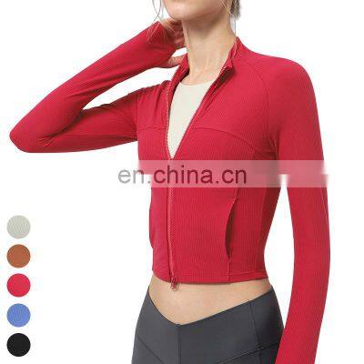 Custom Workout Wear Double Head Zipper Stand Collar Sports Coat Gym Fitness Tops Long Sleeve Ribbed Short Yoga Jacket For Women