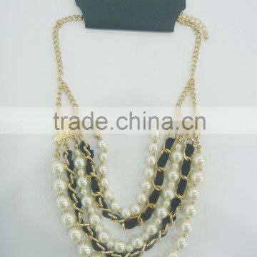 FASHION CORD WRAPPED MULTI ROW PEARL NECKLACE