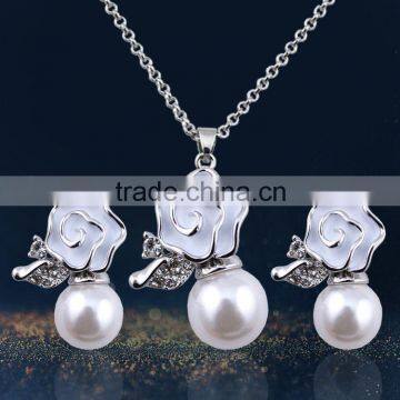 Rose Pearl Jewelry Sets Silver Plated Pendant Neckalce & Earrings Set For Women photo-2