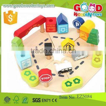 hot selling hardwood assembling toy car town & country wooden play set OEM wooden block set EZ5084