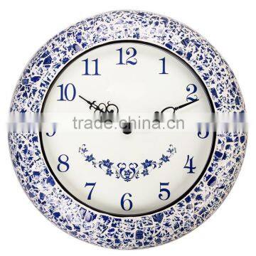 Home Decor Quartz Chinese Blue and White Porcelain Mosaic Wall Clock