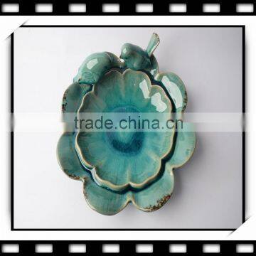 Lotus Flower Ceramic Plate with Pigeon Bird