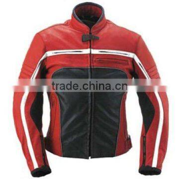 Ladies Stripped Red Leather Motorbike Jacket