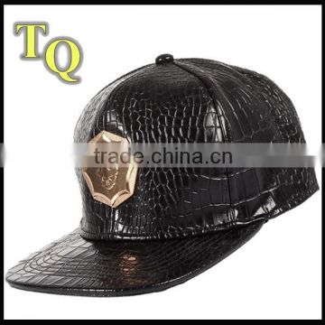 6 panel PU leather fabric with metal plate applique flat brim snapback caps