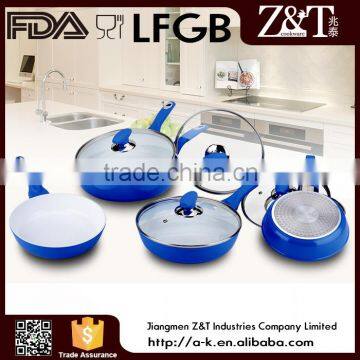 Bright 5Pcs blue ceramic aluminum pan With Glass Lid