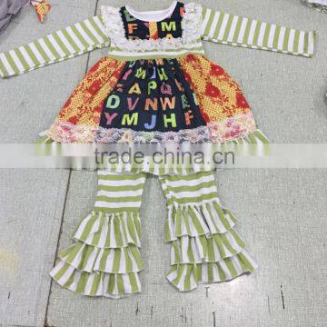 Fall ABC Letter Boutique sets baby Girls outfit Wholesale Boutique outfit Green Stripe girl ruffle remake Outfits