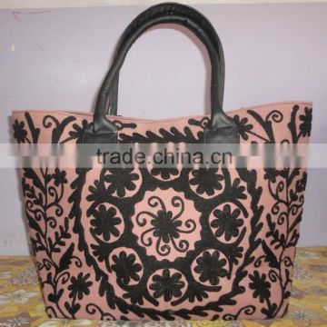 RTHHB-5 Canvas Floral Colouful Embroidery Uzbek Suzani semi leather handled tote shopping bags embroidery Manufacturers