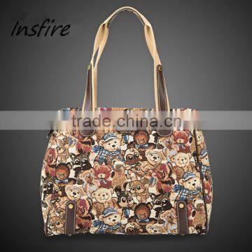 2016 fashion bear print canvas shoulder bag women handbag