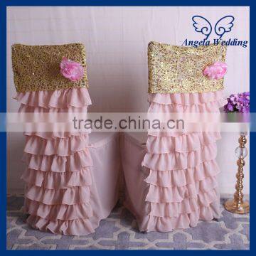 CH029A1 Hot sale blush pink and gold ruffled wedding chiavari chair covers with flower