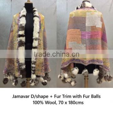 Jamawar Shawls Jamavar D/Shape Fur Trim with Fur balls 01