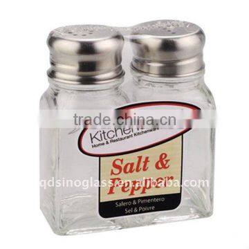 SINOGLASS trade assurance set of 2 stainless steel lid cubi shape glass salt and pepper shaker