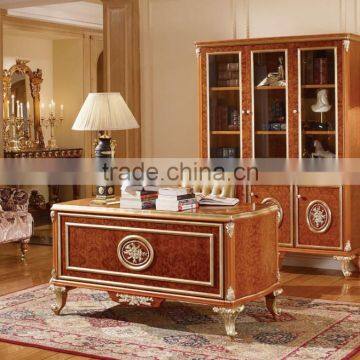 Luxury Executive Office Desk/Reading Table, Exquisite Carved Wood 3 Door Bookcase, Graceful Home Office Furniture