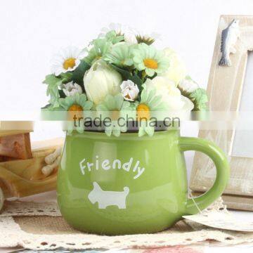 Cup shape ceramic flower pot with silk chrysanthemum small artificial potted for home table decorative