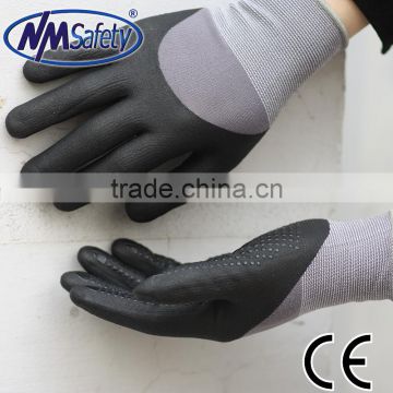 NMSAFETY 15g nylon spandex liner with black micro foam nitrile 3/4 dots coating glove