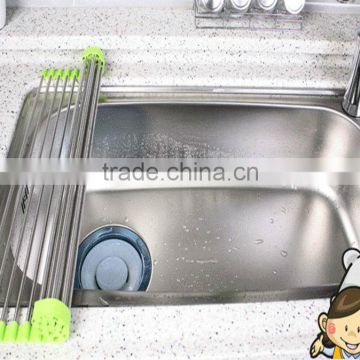 Folding Anti-rust Stainless Steel and Non-slip Silicone Drain Rack