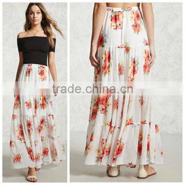 Ladies new fashion high elastic waist floral print A line long skirt