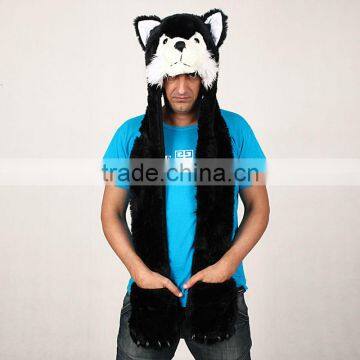 High Quality Animal Hat With Scarf Paws Claws Faux Fur Long Full Black Husky