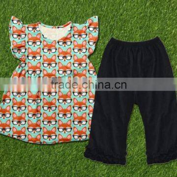 new design fox print dress girl cotton flutter top and baby icing ruffle pants children boutique clothes sets