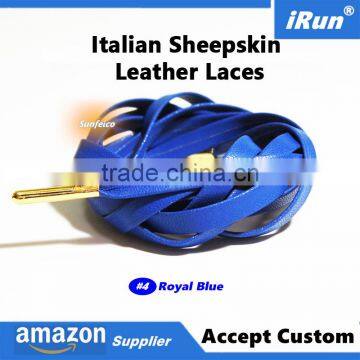 Premium Flat Genuine Royal Blue Goatskin Sheepskin Leather Shoelaces w/Gold Tips for Air Shoes - Provide amazon Label Service