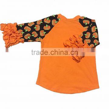 2017 Baby Girls Icing Halloween Pumpkin Raglan Ruffle Cotton Boutique Shirts Children Printed 3/4 Sleeve Raglan Tshirts photo-3
