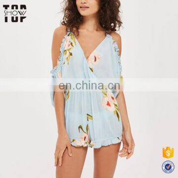 OEM women clothing print one piece swimsuit cold shoulder playsuit