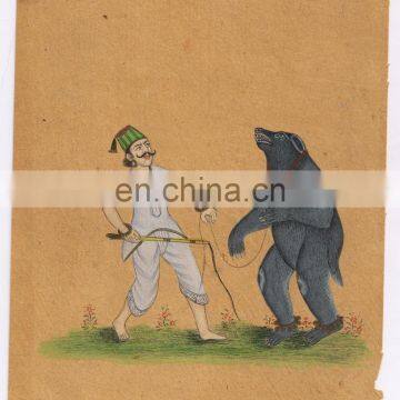 Miniature Art Painting Indian Juggler With Bear Original Water Color Ethnic Painting