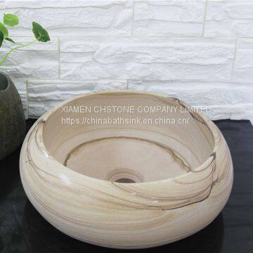 Yellow Sandstone Bathroom Vessel Round Sink Natural Stone Wash Basin